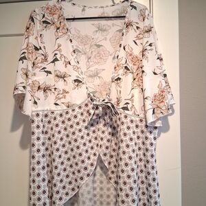 Floral Kimono Blouse with Tie Front